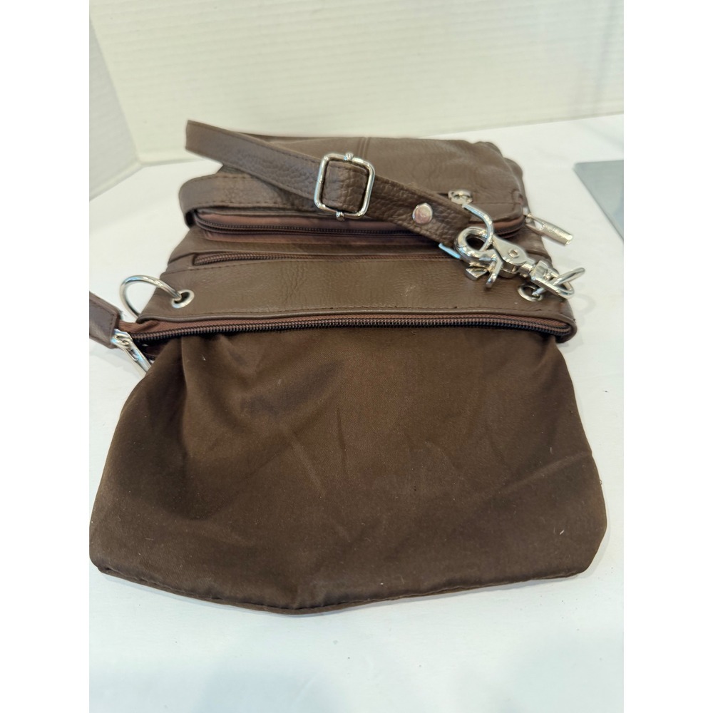 Brown Leather Small Multi-Pocket Pebbled Crossbody Organizer Bag Purse - Picture 10 of 11